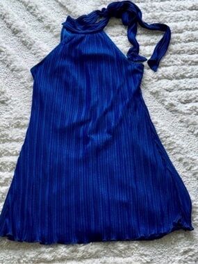 le chateau Royal Blue Pleated Halter Mini Dress